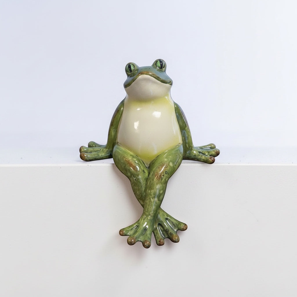 Vintage Hare ceramic frog shelf sitter with a glossy green finish and crossed legs perched on a white ledge