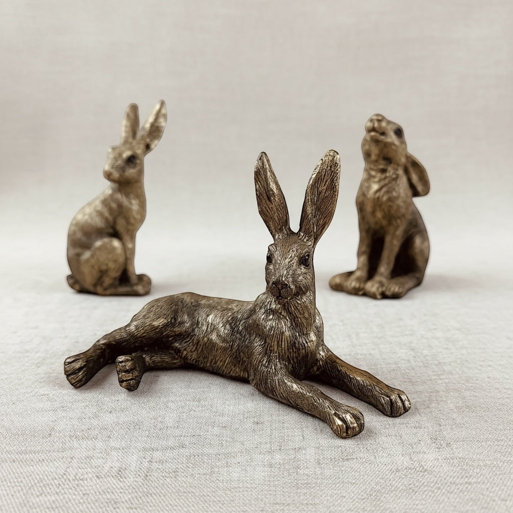 Three bronze rabbit figurines on a textured surface