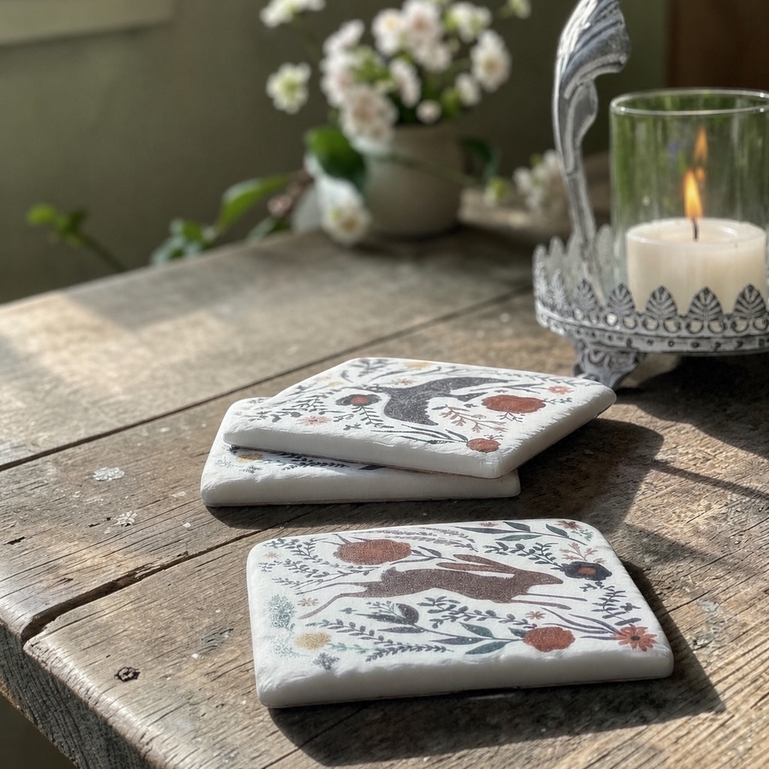Decorative coasters with animal designs on a wooden table with a candle and flowers in the background.