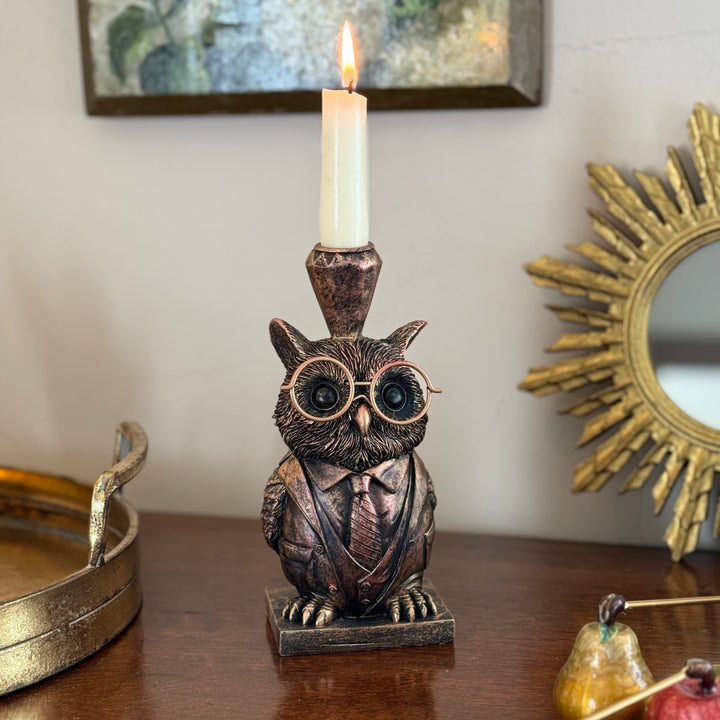 Bronze owl candle holder with a lit candle on a wooden surface, with decorative items in the background.