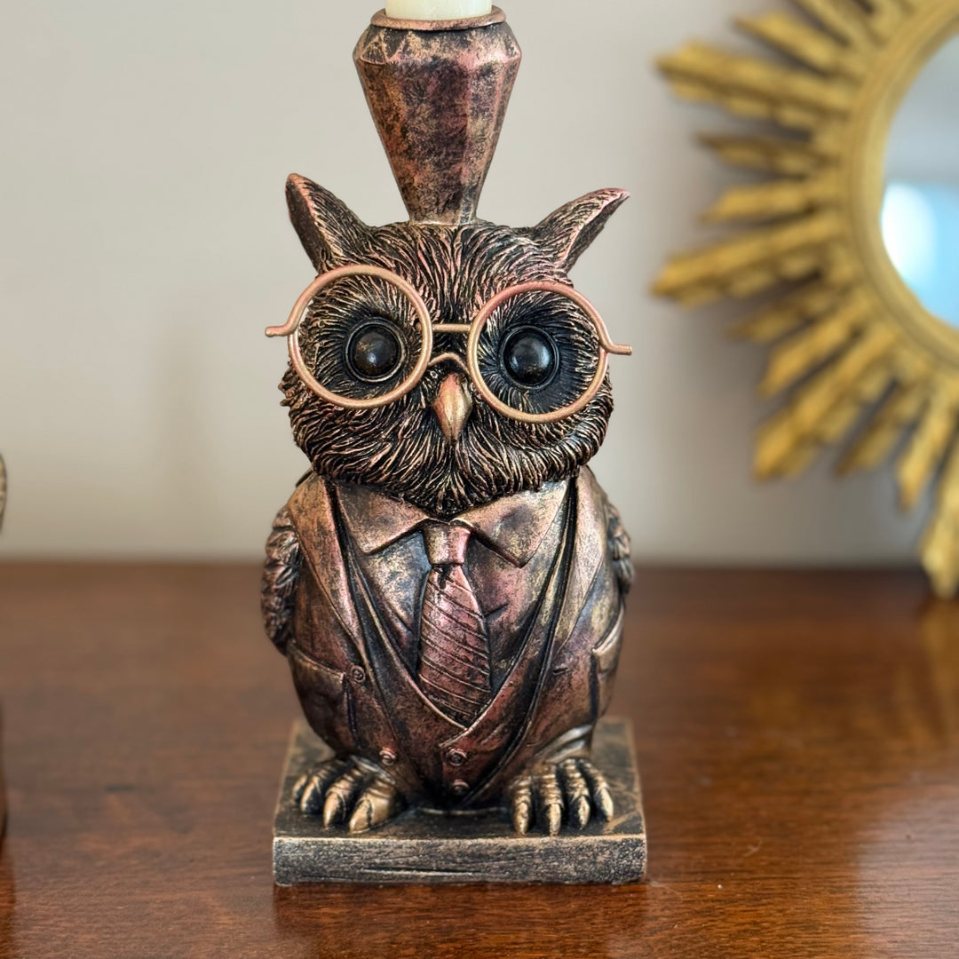 Bronze owl figurine with glasses on a wooden surface