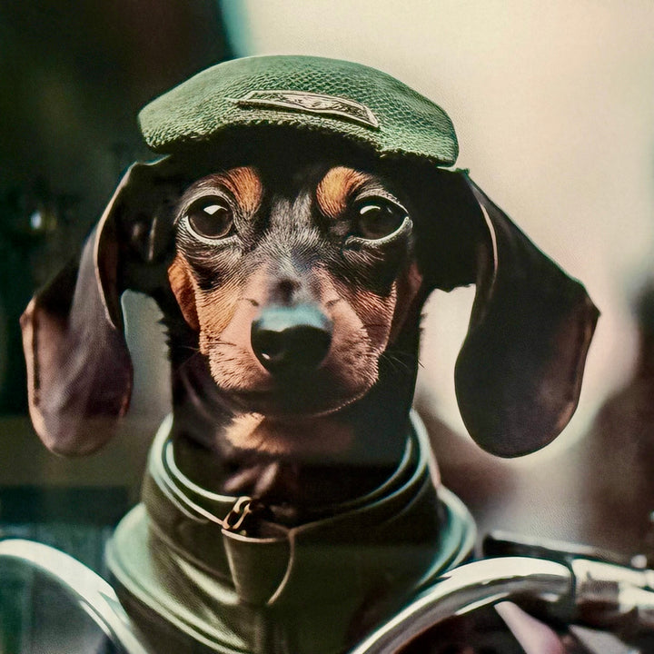 Sausage Dog on a Motorbike - Glass Wall Art 30cm
