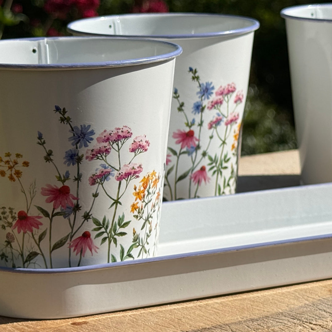 White planters with floral designs on a wooden surface