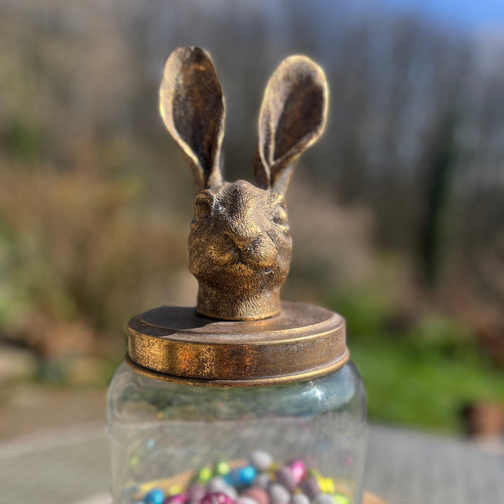 A clear glass jar filled with colorful pastel chocolate eggs, topped with a gold-toned metal lid shaped like a rabbit head, set on a round wooden board outdoors with a blurred natural background.