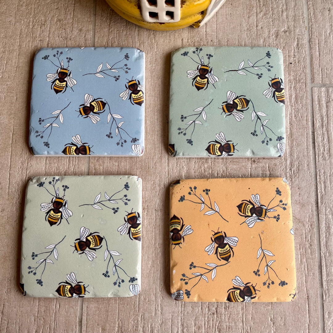 Pastel Bees Coasters - Set of 4 Chunky Tiles