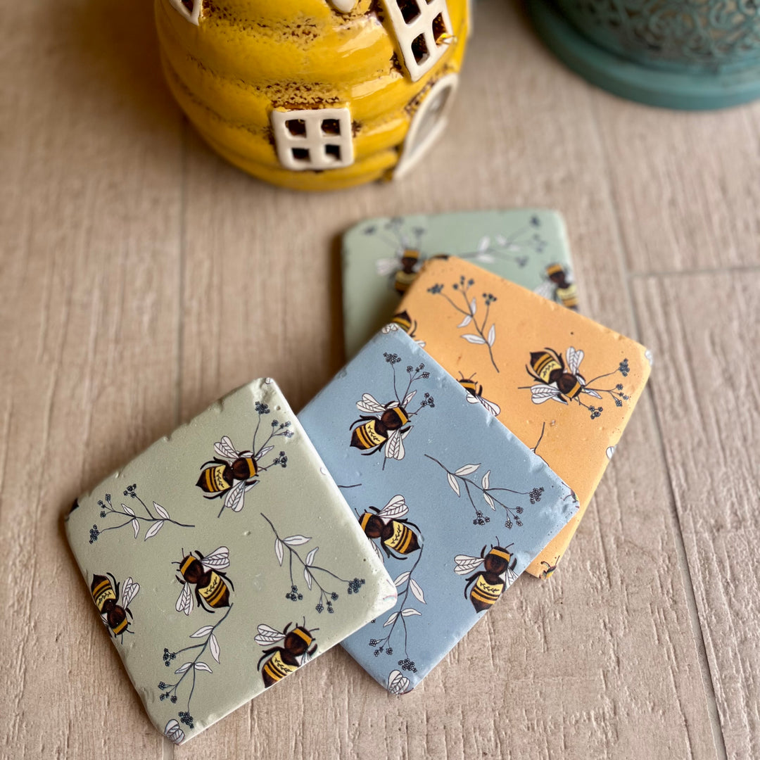 Pastel Bees Coasters - Set of 4 Chunky Tiles
