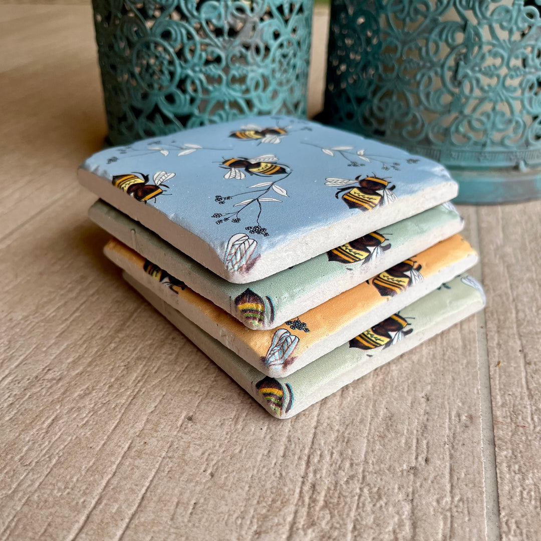 Pastel Bees Coasters - Set of 4 Chunky Tiles