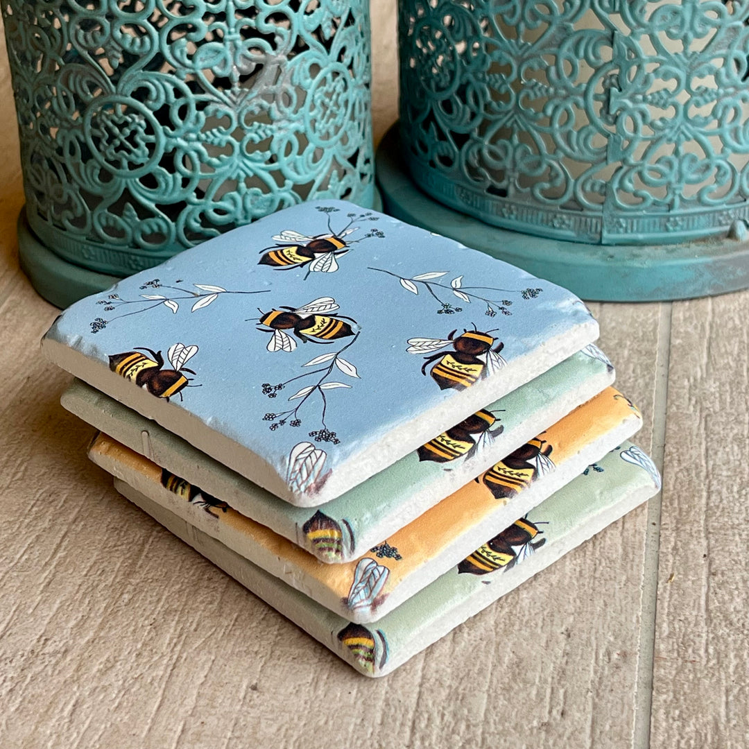 Pastel Bees Coasters - Set of 4 Chunky Tiles