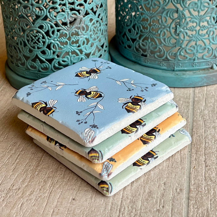 Pastel Bees Coasters - Set of 4 Chunky Tiles