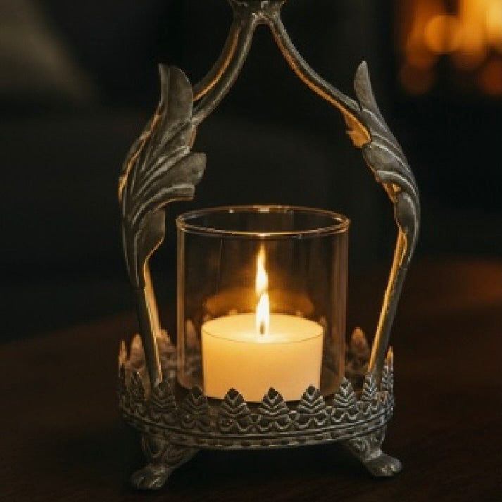 Ornate Feather Crown Candle Holder | Distressed Grey