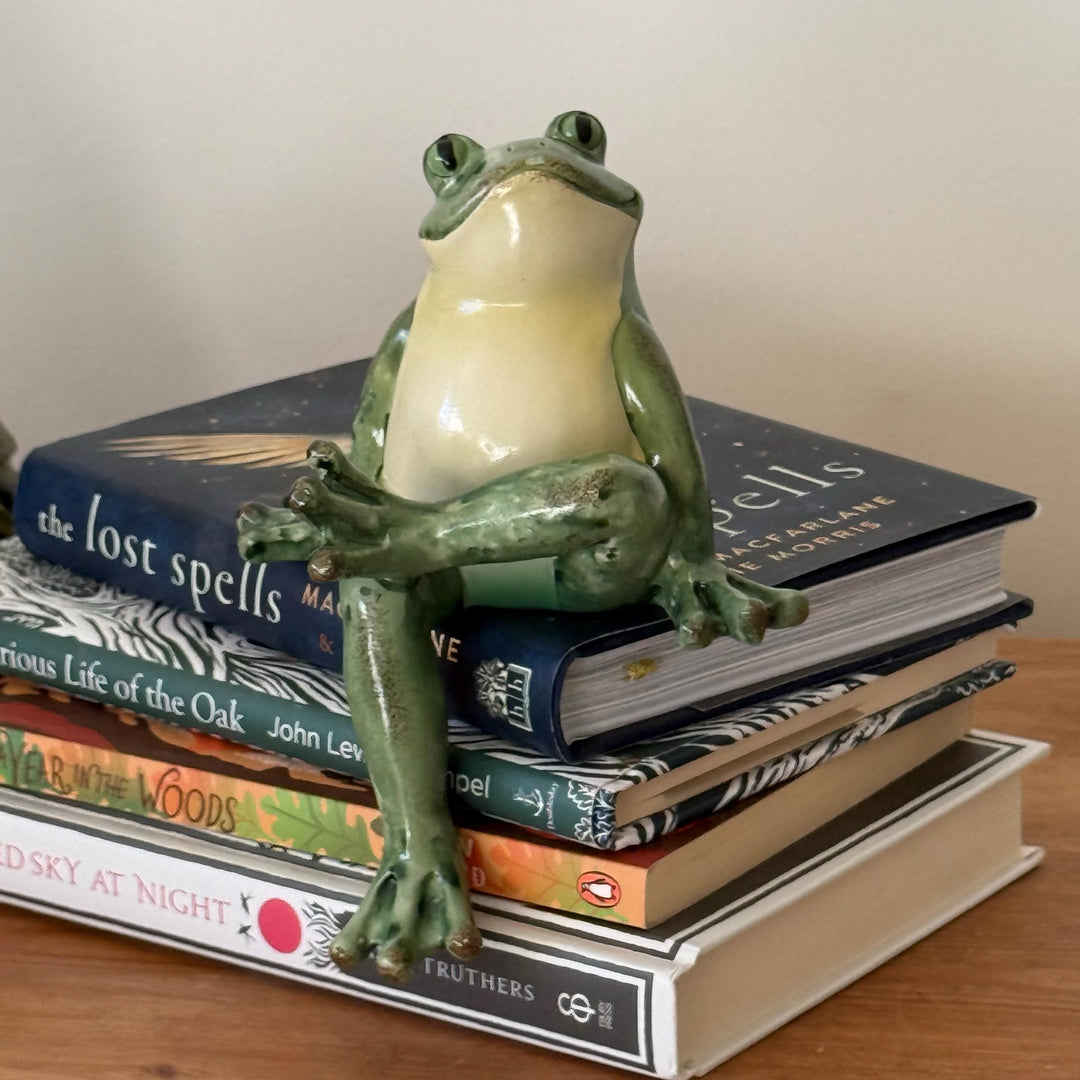 Frog figurine sitting on a stack of books with a plain background