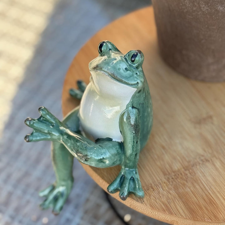 Frog-shaped figurine on a wooden surface