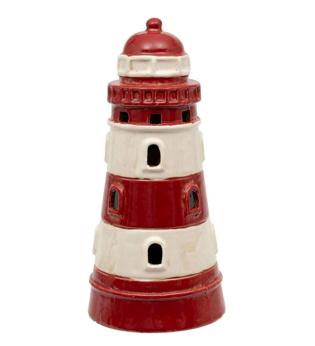 Decorative lighthouse-shaped object with red and white colours on a white background