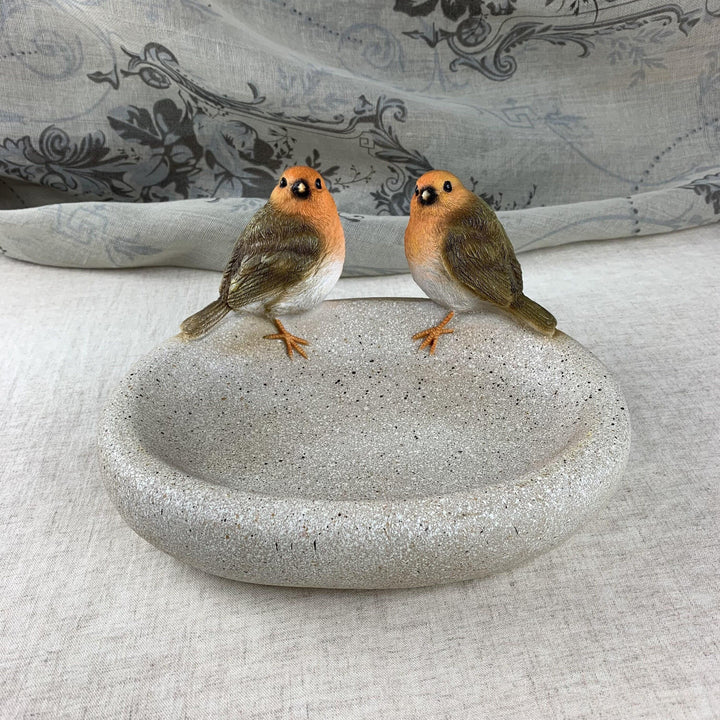 Robins on a Bowl Bird Bath/Feeder