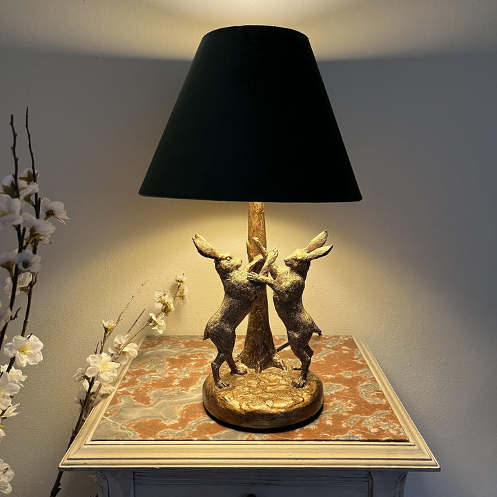 Handcrafted Golden Hares Table Lamp | Velvet Shade