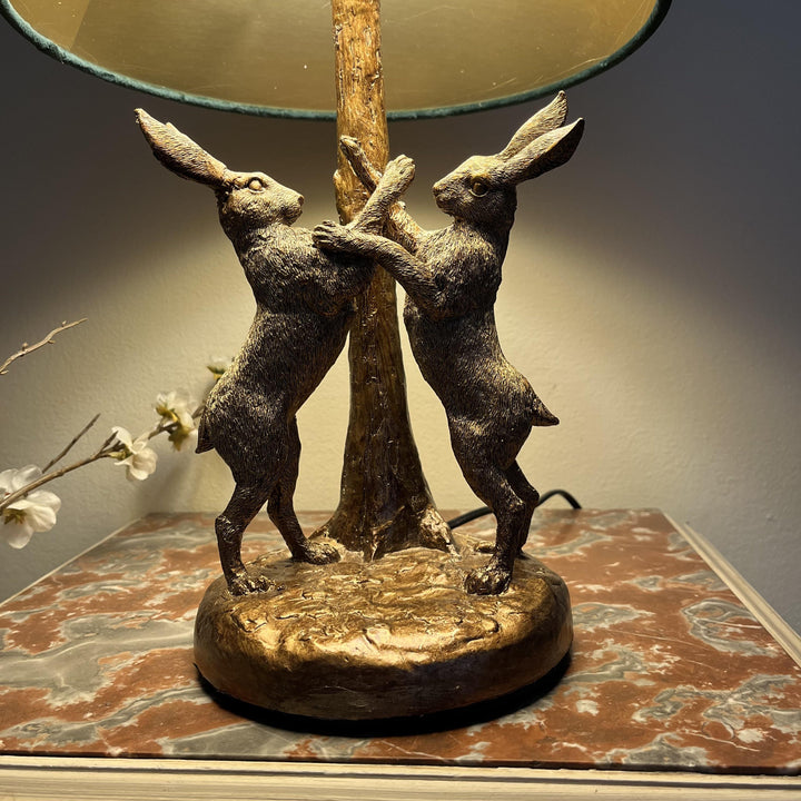 Handcrafted Golden Hares Table Lamp | Velvet Shade