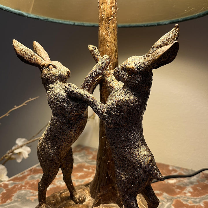 Handcrafted Golden Hares Table Lamp | Velvet Shade