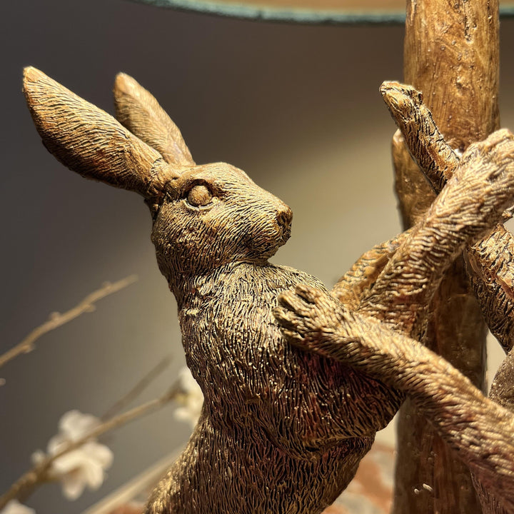 Handcrafted Golden Hares Table Lamp | Velvet Shade