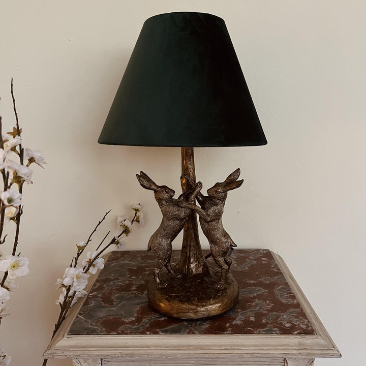 Handcrafted Golden Hares Table Lamp | Velvet Shade