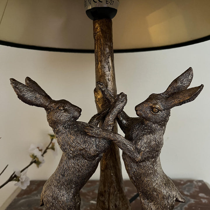 Handcrafted Golden Hares Table Lamp | Velvet Shade