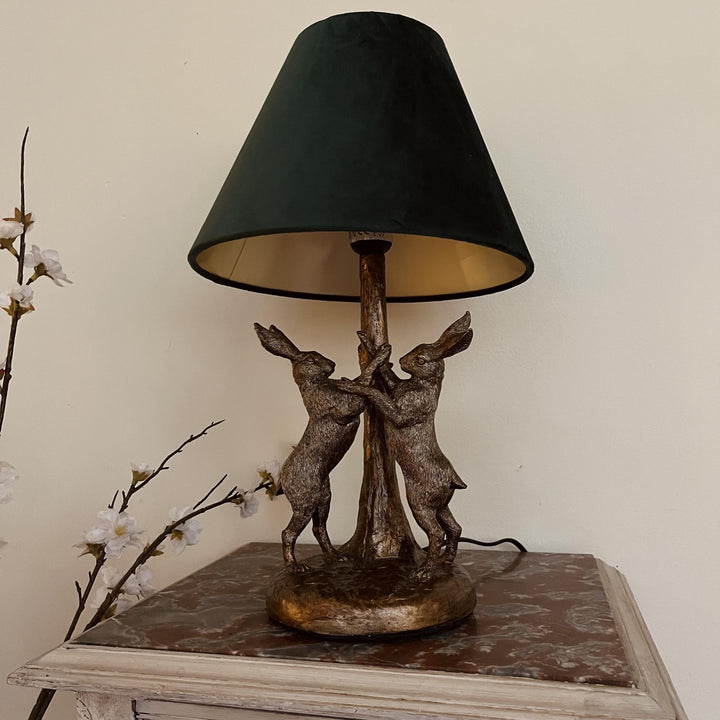 Handcrafted Golden Hares Table Lamp | Velvet Shade