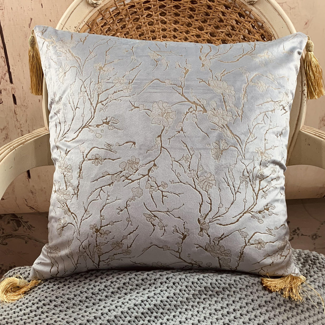 Blue/Gold Cherry Blossom Velvet Cushion Cover
