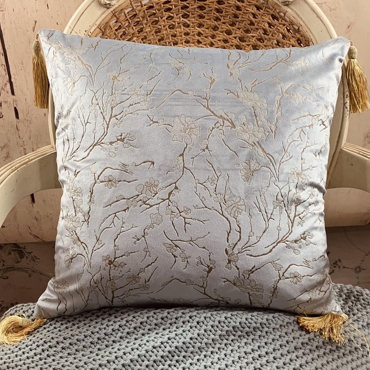 Blue/Gold Cherry Blossom Velvet Cushion Cover