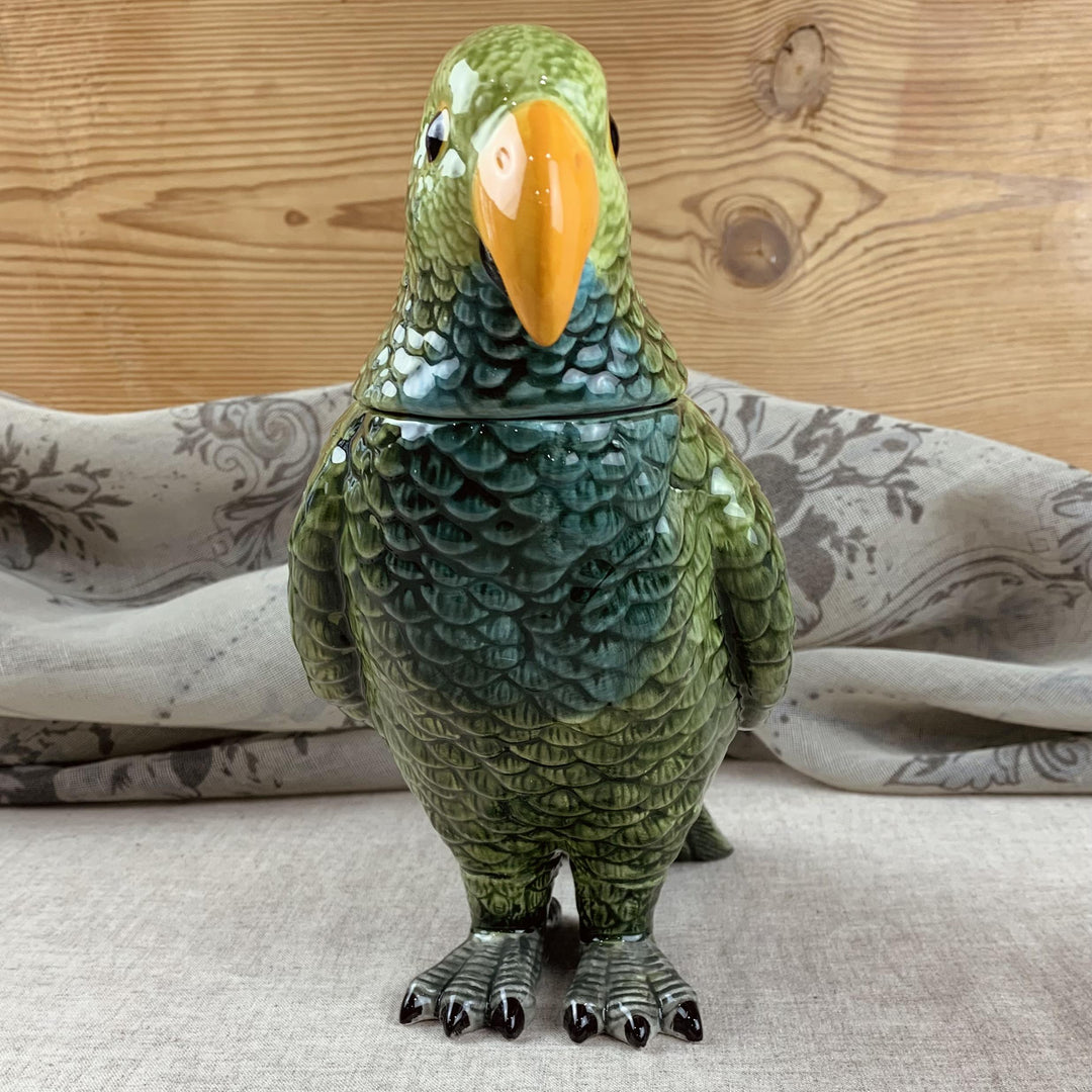 Jolly Green Parrot Ceramic Jar