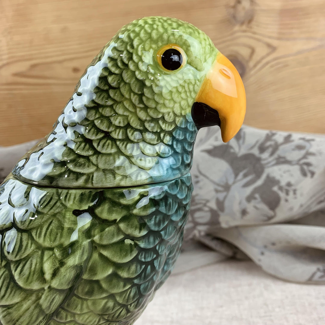 Jolly Green Parrot Ceramic Jar