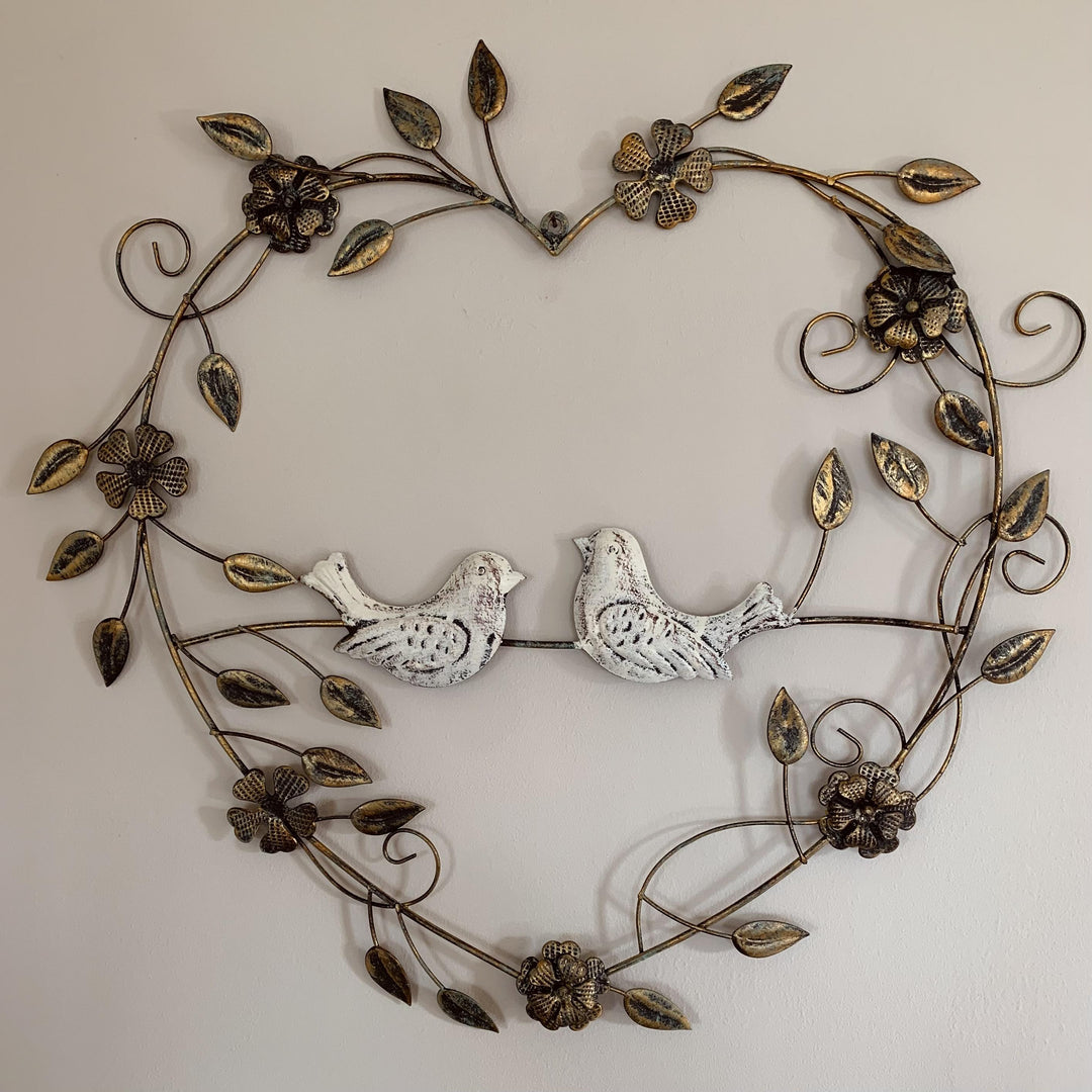 Large Metal Decorative Heart Wreath | 2 Ivory Birds