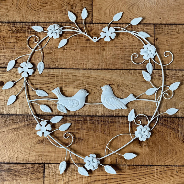 Large Metal Decorative Heart Wreath | 2 Birds | Cream