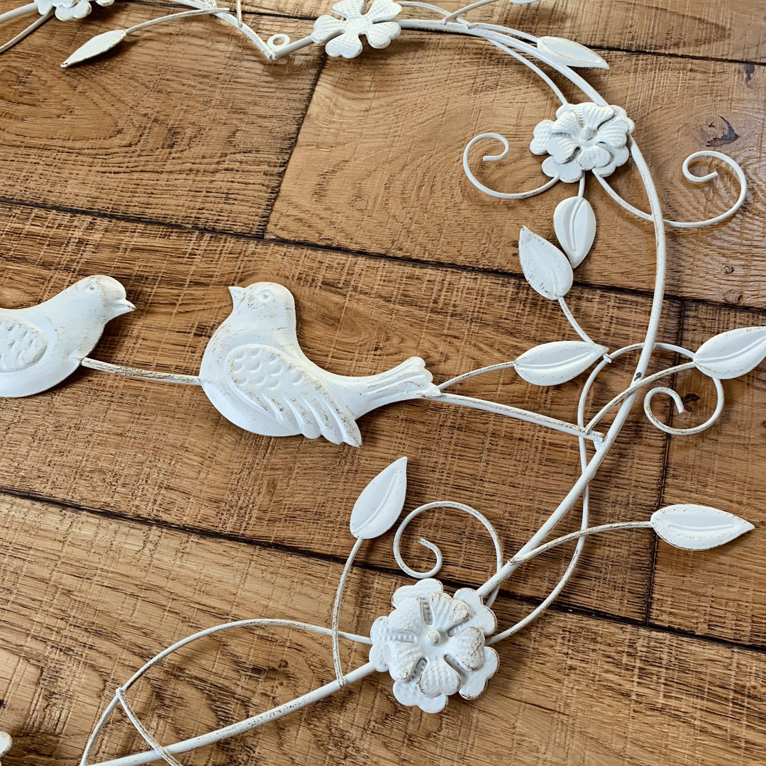 Large Metal Decorative Heart Wreath | 2 Birds | Cream