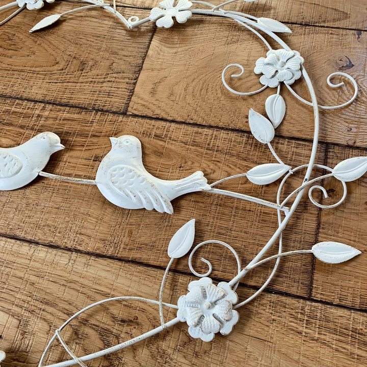 Large Metal Decorative Heart Wreath | 2 Birds | Cream