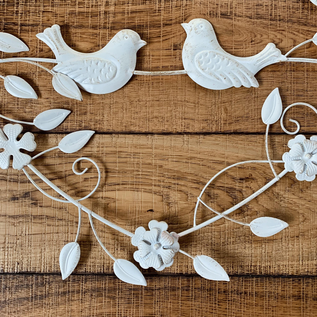 Large Metal Decorative Heart Wreath | 2 Birds | Cream