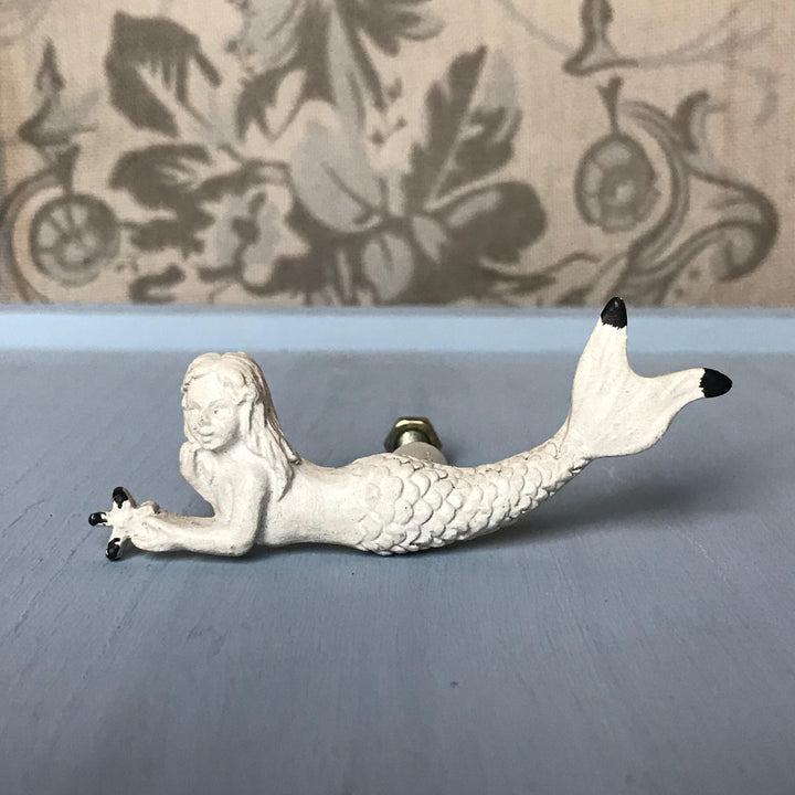 Ornate Mermaid Drawer Door Knob Antique White