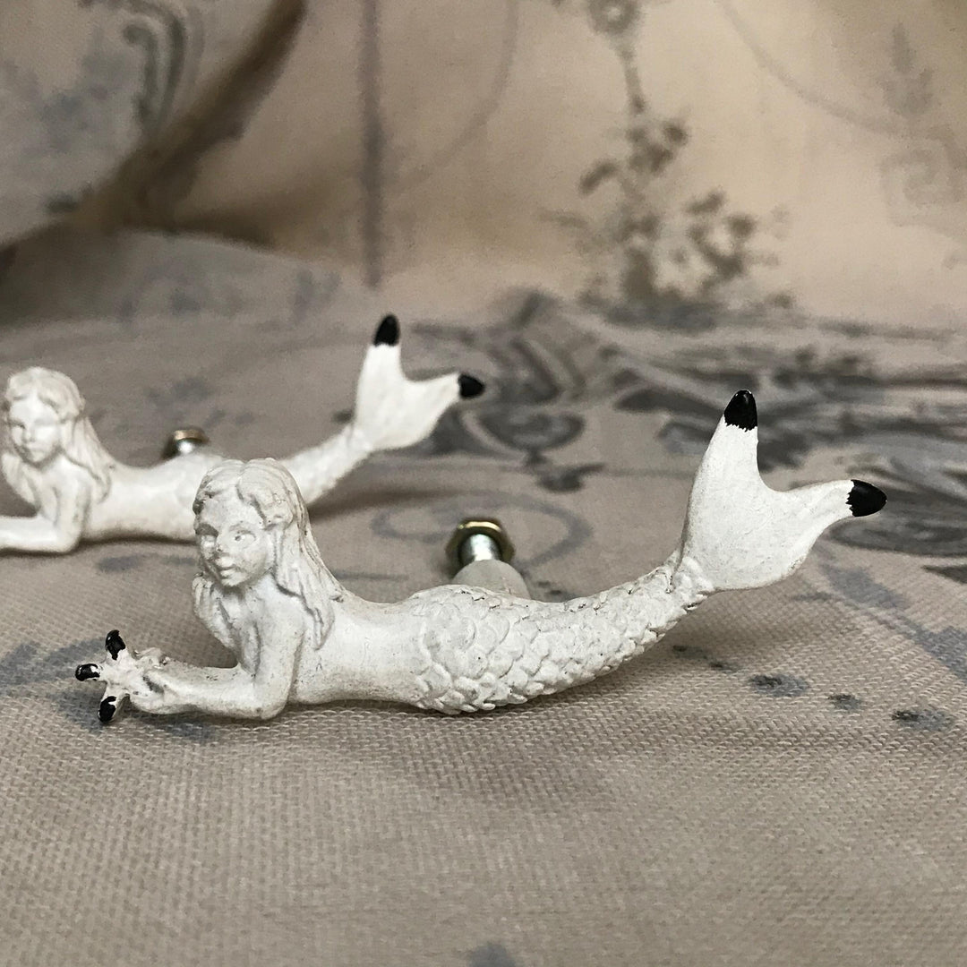 Ornate Mermaid Drawer Door Knob Antique White
