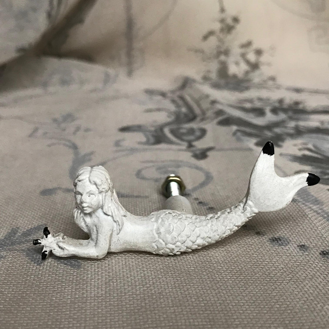 Ornate Mermaid Drawer Door Knob Antique White
