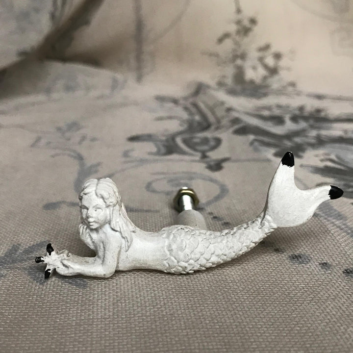 Ornate Mermaid Drawer Door Knob Antique White