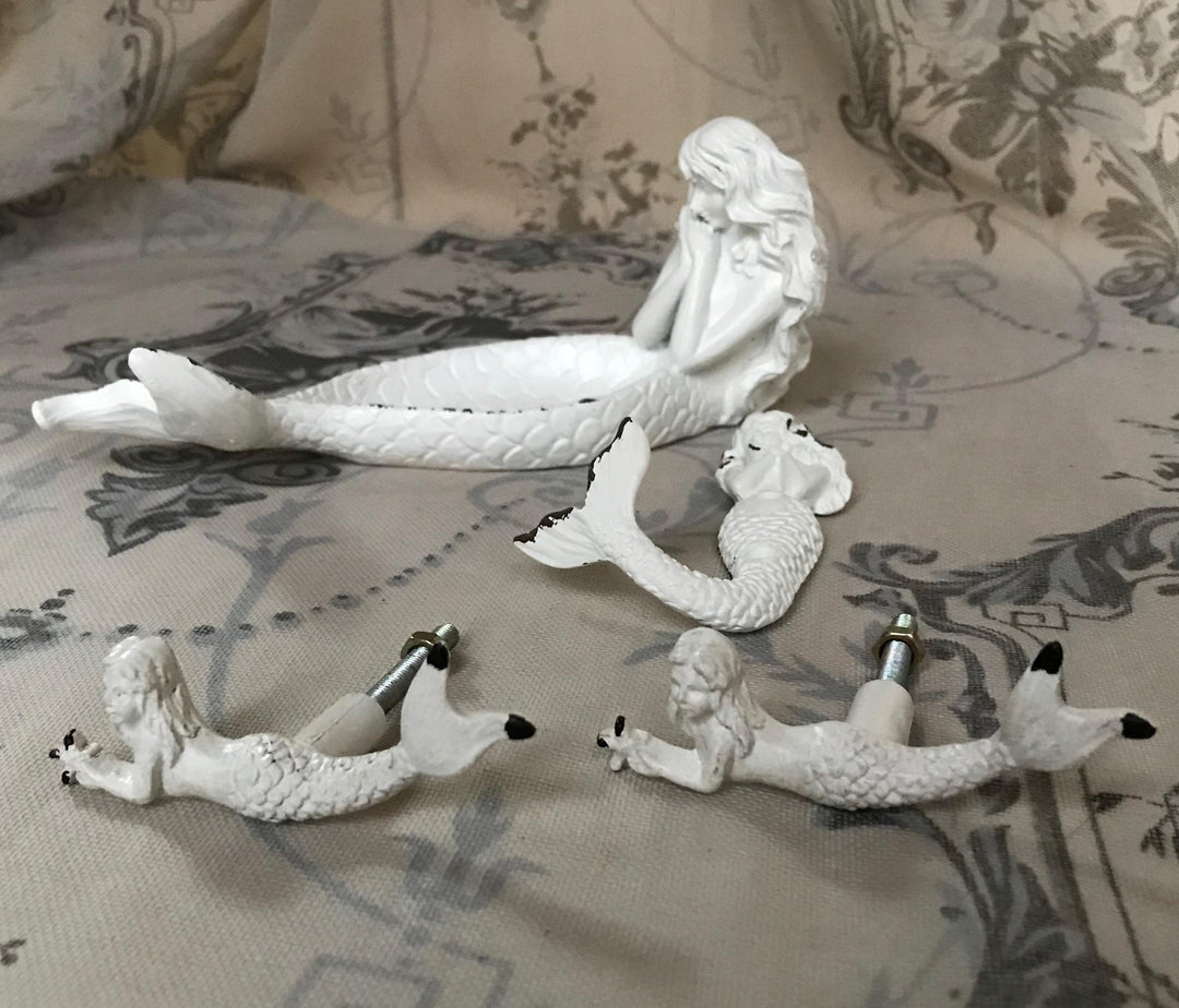 Ornate Mermaid Drawer Door Knob Antique White