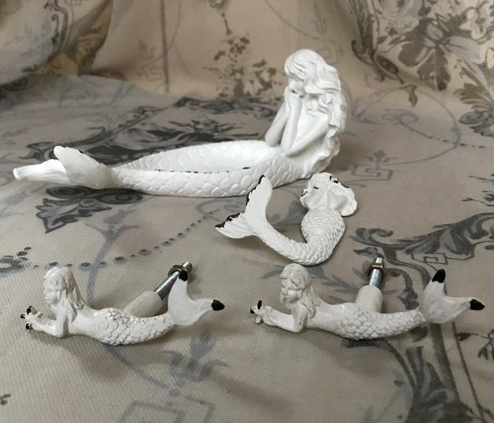 Ornate Mermaid Drawer Door Knob Antique White