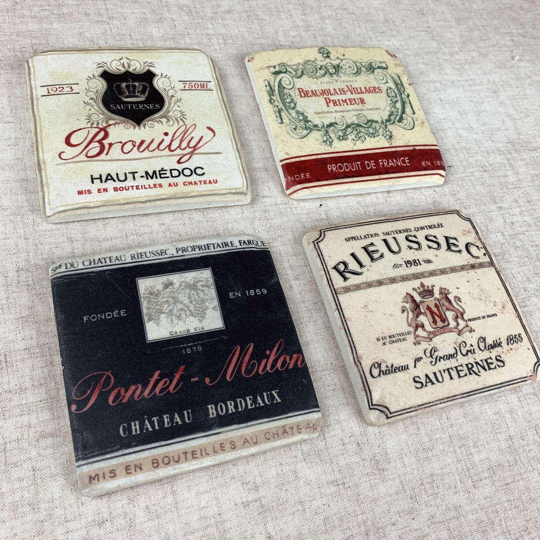 French Wine Label Tile Coasters Set of 4