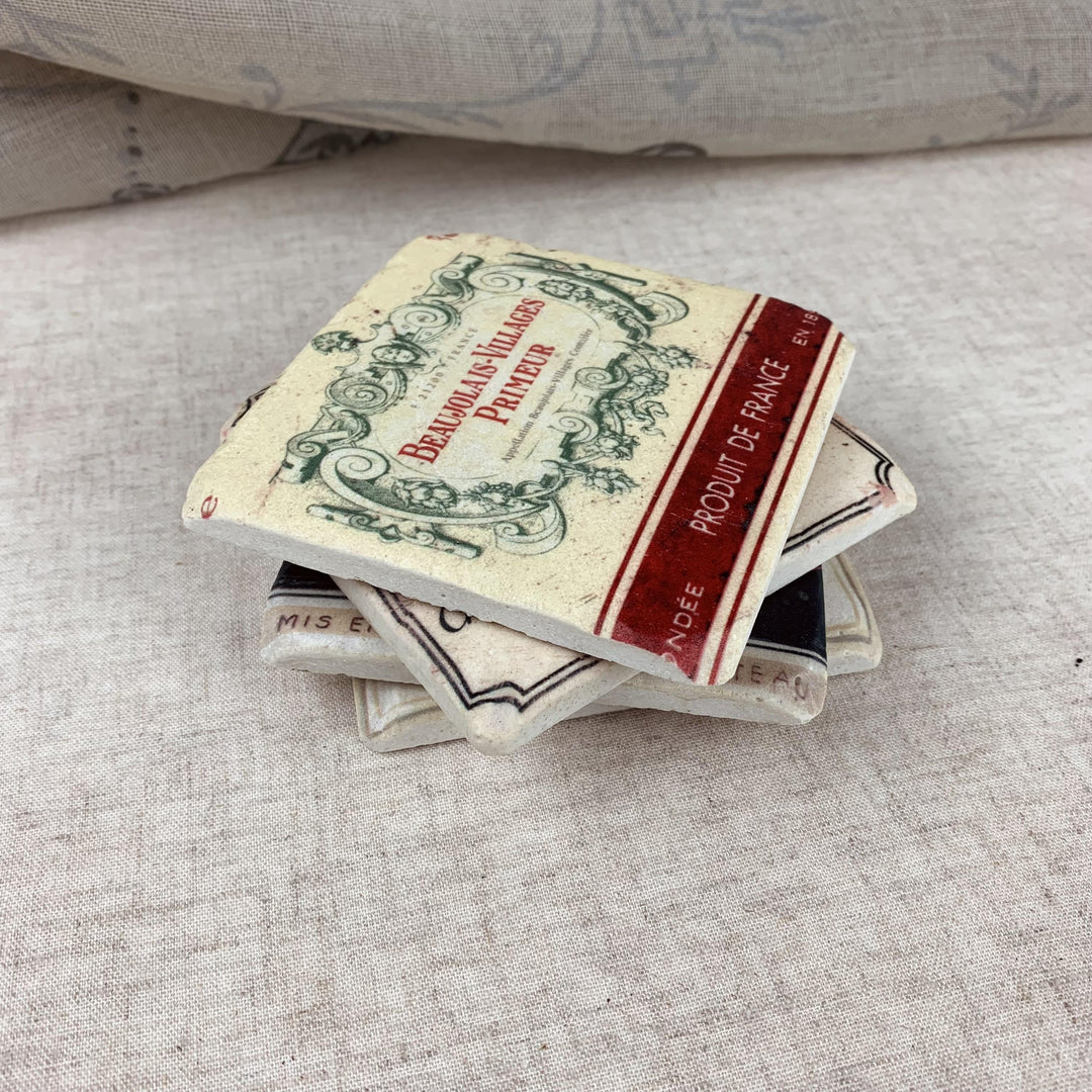 French Wine Label Tile Coasters Set of 4