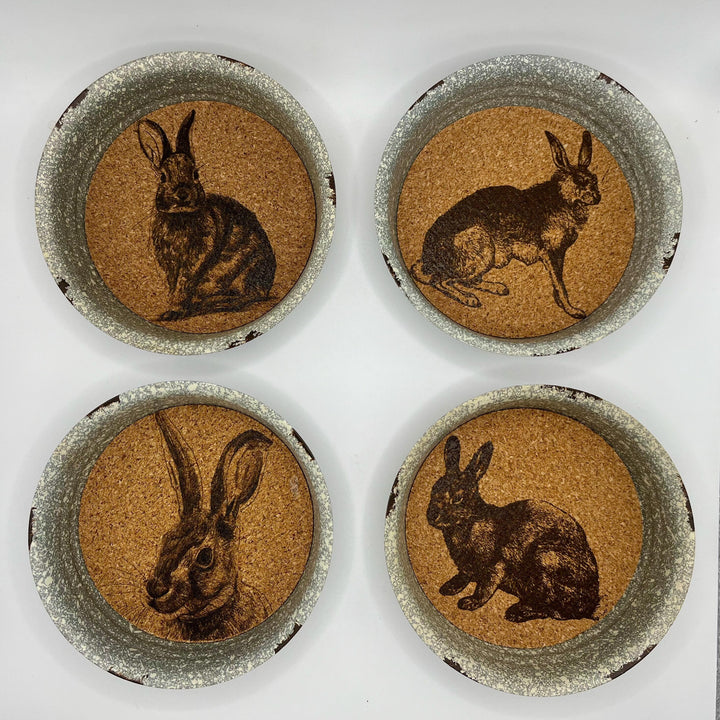 Hare Tin Coasters Set of 4 - Rustic Country Animal Cork Drinks Mats
