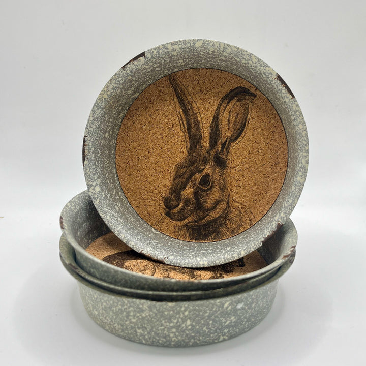Hare Tin Coasters Set of 4 - Rustic Country Animal Cork Drinks Mats