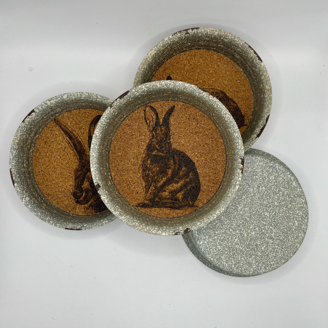 Hare Tin Coasters Set of 4 - Rustic Country Animal Cork Drinks Mats