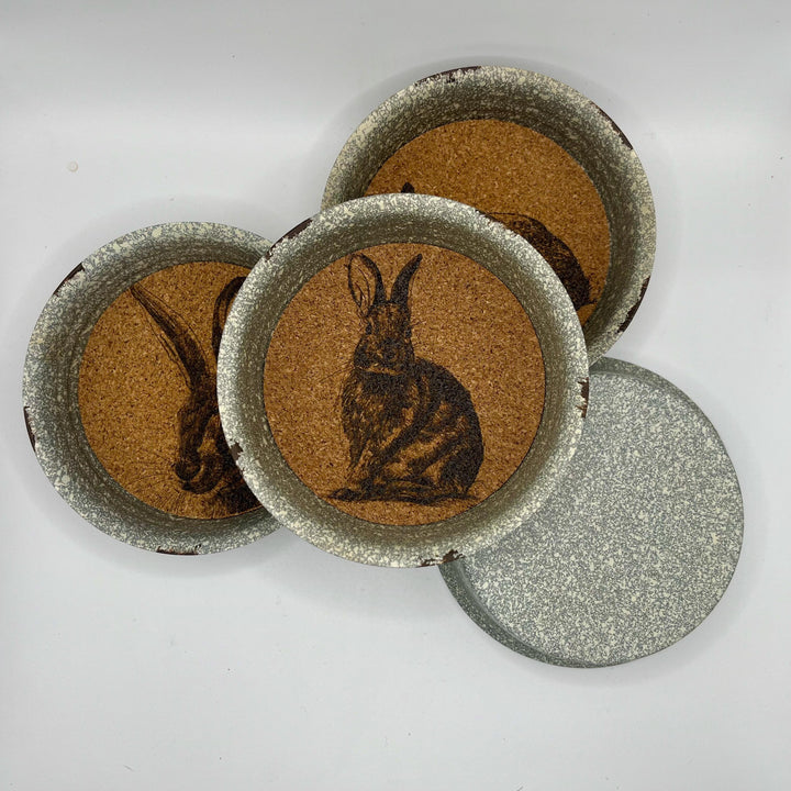 Hare Tin Coasters Set of 4 - Rustic Country Animal Cork Drinks Mats