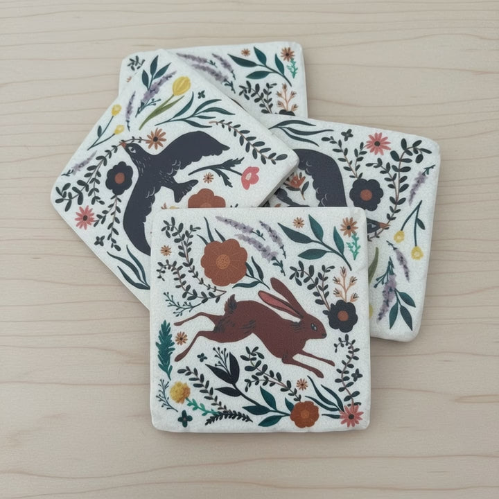 Folk Art Animal Coasters – Hare & Blackbird Boxed Set of 4