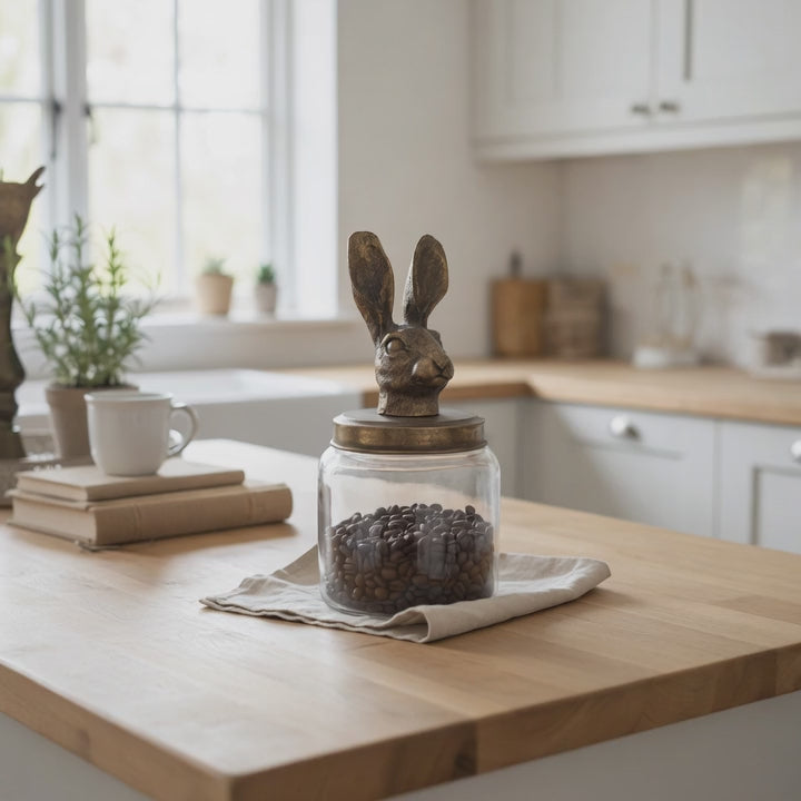large glass jar filled with coffee beans, with a gold finish lid in the shape of a hares head, sitting on a wooden worktop 