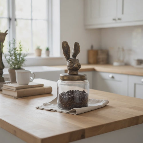 large glass jar filled with coffee beans, with a gold finish lid in the shape of a hares head, sitting on a wooden worktop 