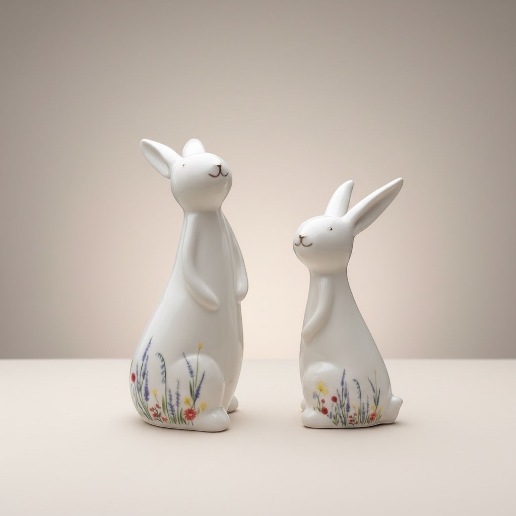 Vintage Hare set of 2 white ceramic bunny ornaments with wildflower pattern, perfect for Easter decor.